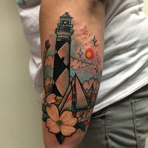Flower And Neo Traditional Lighthouse Tattoo On Arm Sleeve