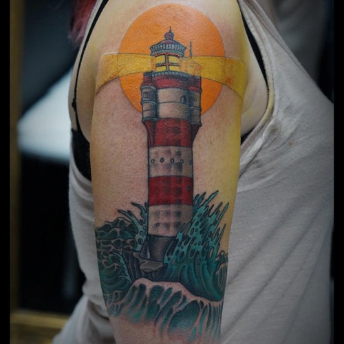 Girl Right Half Sleeve Neo Traditional Lighthouse Tattoo