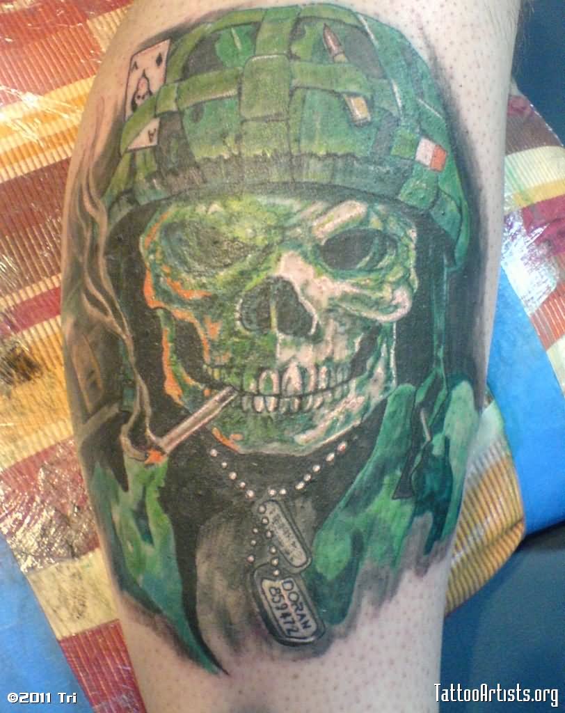 Green Ink Army Skull Tattoo Design For Leg