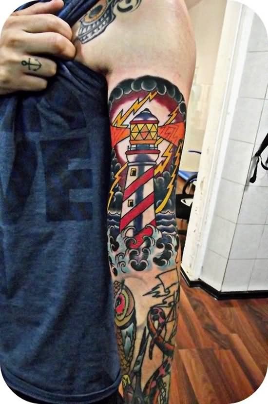 Left Sleeve Neo Traditional Lighthouse Tattoo