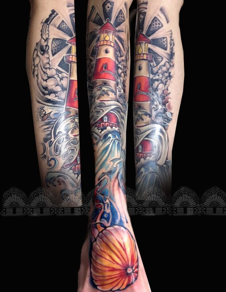 Leg Sleeve Neo Traditional Lighthouse Tattoo by Schiefferle Licht