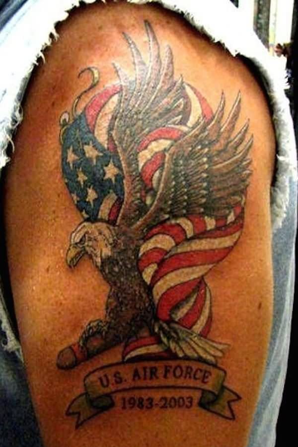 Memorial Army Eagle With Flag And Banner Tattoo On Shoulder