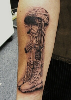Memorial Army Equipment Tattoo On Forearm
