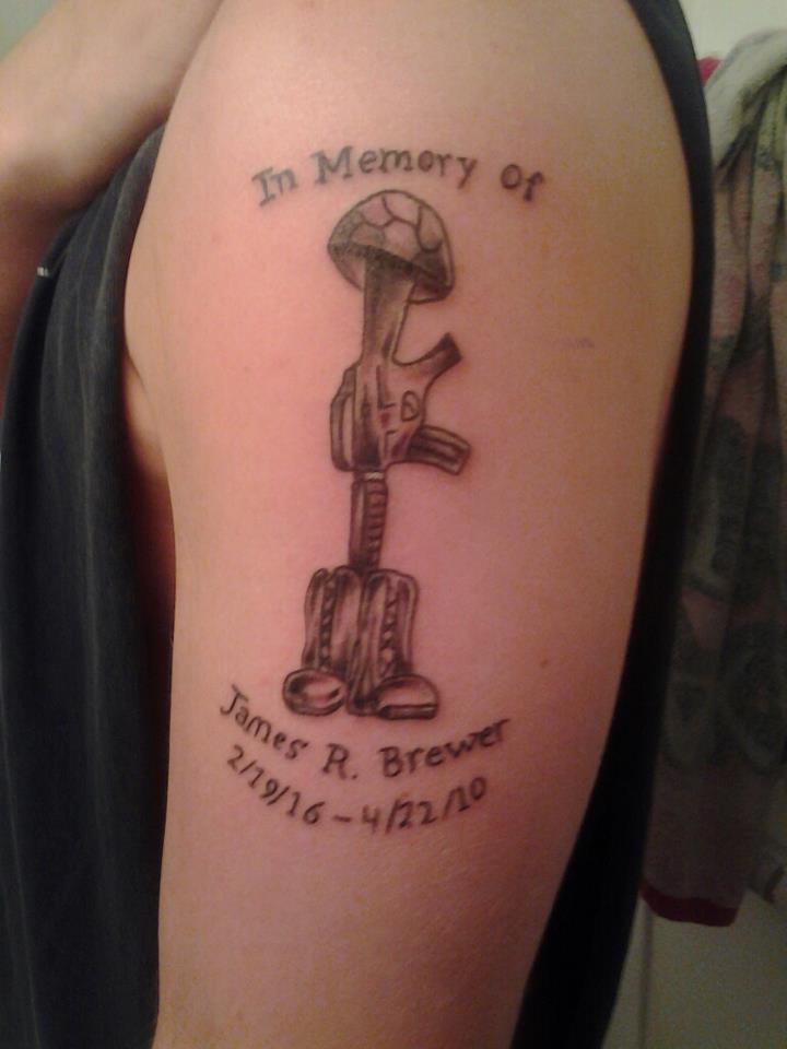 Memorial Army Equipment Tattoo On Left Shoulder