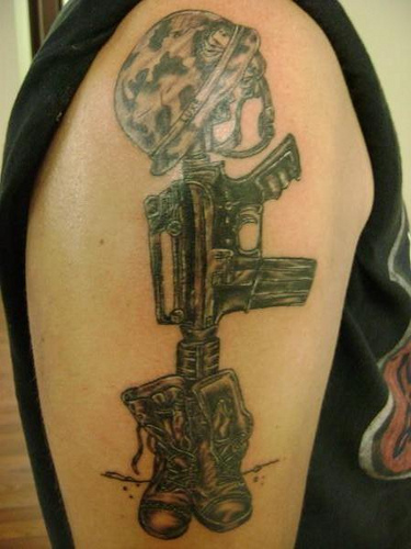 Memorial Army Equipment Tattoo On Right Shoulder