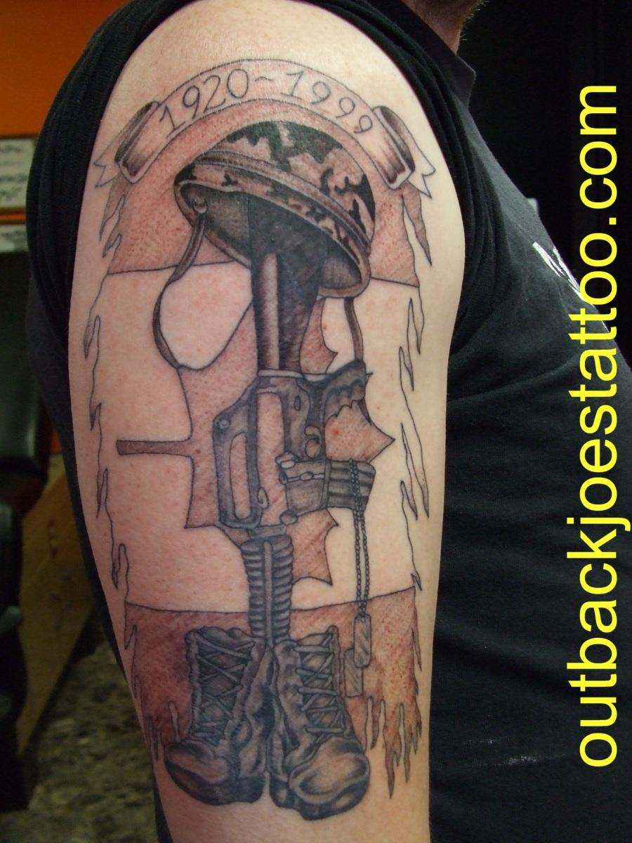 Memorial Army Equipment With Banner Tattoo On Right Half Sleeve