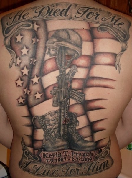 Memorial Army Equipment With Flag And Banner Tattoo On Full Back