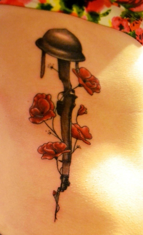 Memorial Army Equipment With Flowers Tattoo Design