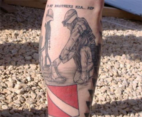 Memorial Army Equipment With Soldier Tattoo Design For Leg
