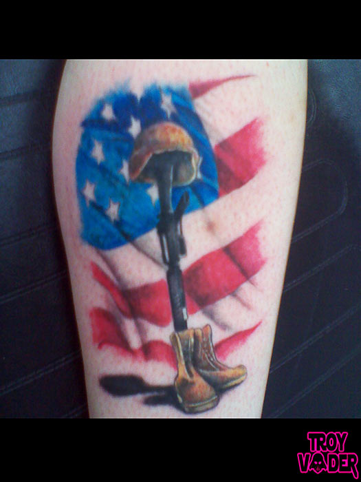 Memorial Army Equipment With USA Flag Tattoo Design