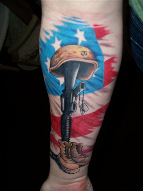 Memorial Army Equipment With USA Flag Tattoo On Forearm