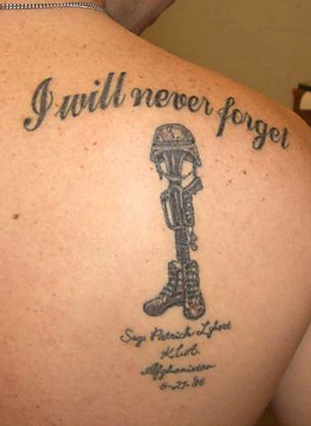 Memorial Army Equipments Tattoo On Man Right Back Shoulder