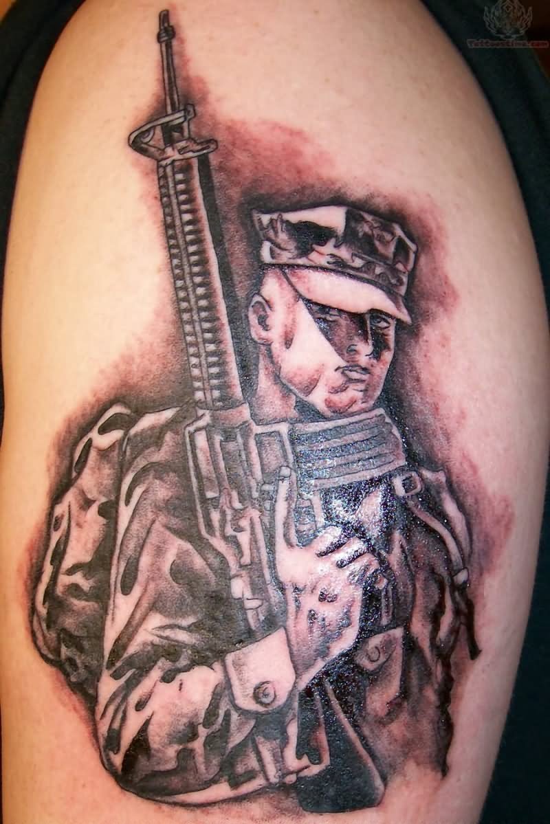 Memorial Army Soldier Tattoo On Right Half Sleeve