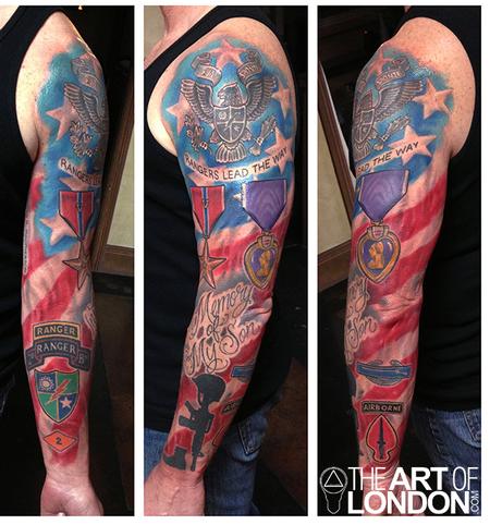 Memorial Army Symbol And Flag Tattoo On Full Sleeve