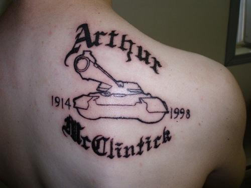 Memorial Army Tank Tattoo On Right Back Shoulder