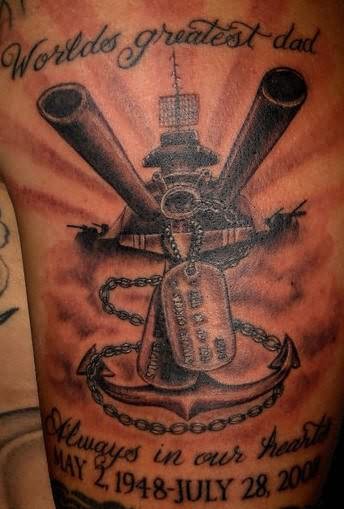 Memorial Army Tank With Anchor And Tags Tattoo Design For Half Sleeve