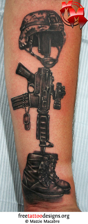 Memorial Black Ink Army Equipments Tattoo Design For Forearm