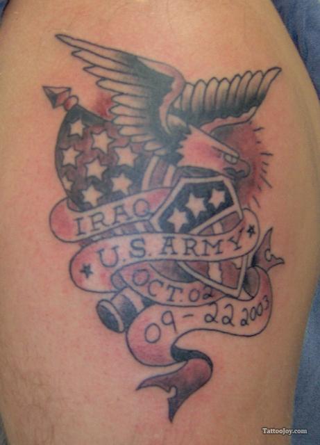 Memorial Eagle With Flag And US Army Banner Tattoo Design For Shoulder