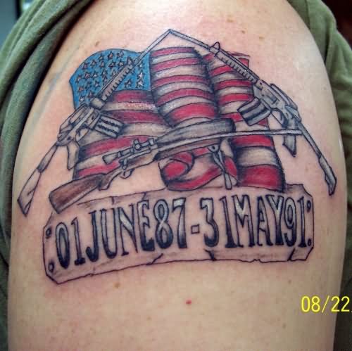 Memorial USA Flag With Army Guns Tattoo Design For Shoulder