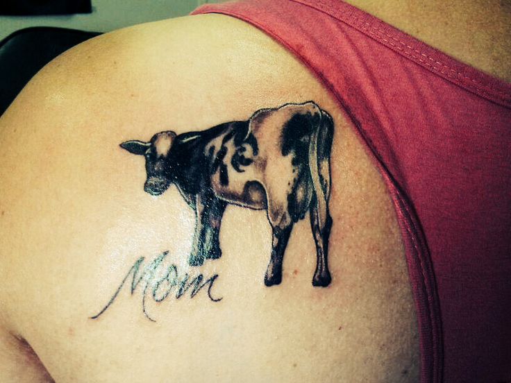 Mom - Black And Grey Cow Tattoo On Left Back Shoulder