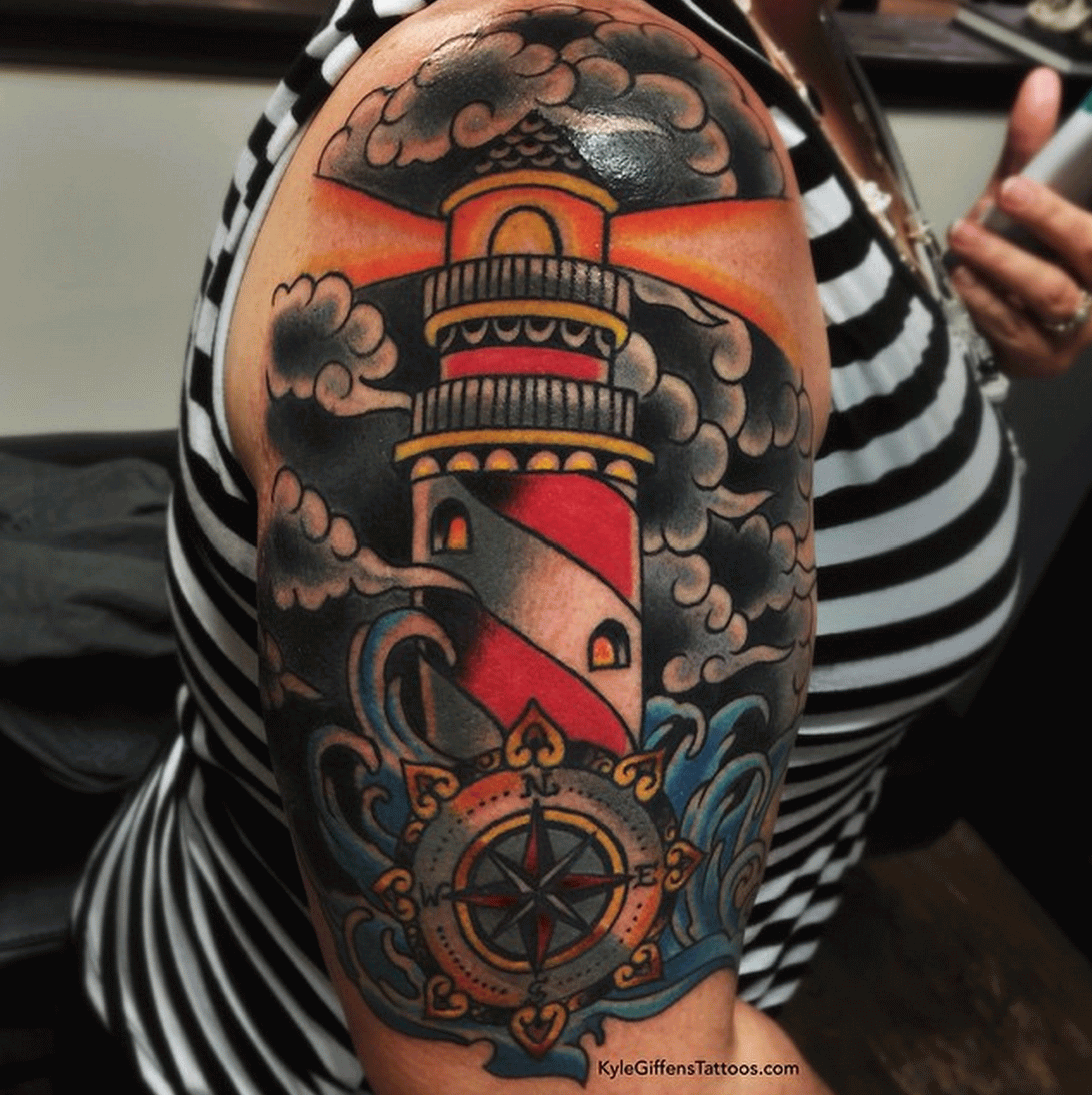 Nautical Compass And Neo Traditional Lighthouse Tattoo On Right Half Sleeve