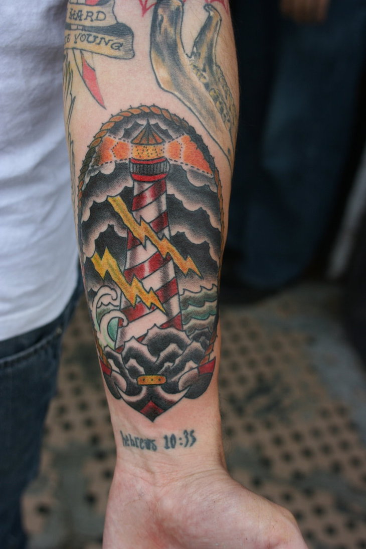 Neo Traditional Anchor Lighthouse Tattoo On Forearm by Sagentstaygold