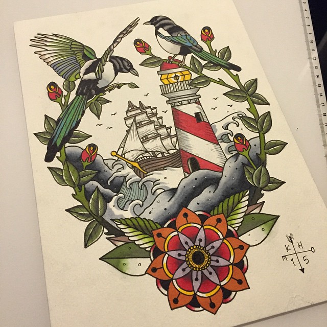 Neo Traditional Flowers Lighthouse Tattoo Design