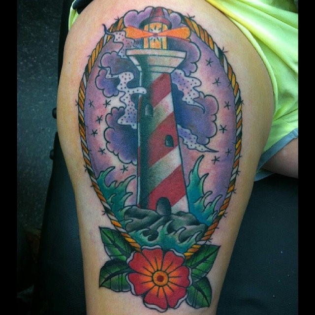 Neo Traditional Lighthouse In Frame Tattoo On Right Thigh