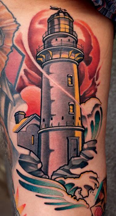 Neo Traditional Lighthouse Tattoo Closeup Image