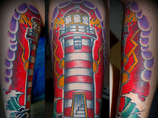 Neo Traditional Lighthouse Tattoo On Arm Sleeve