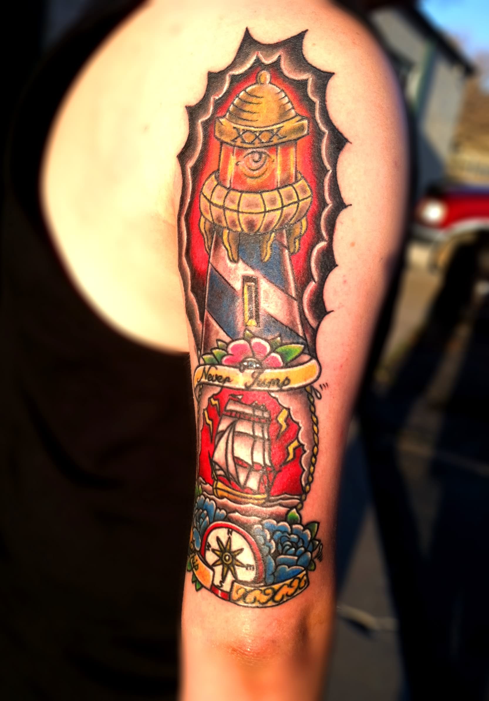 Neo Traditional Lighthouse Tattoo On Full Arm Sleeve