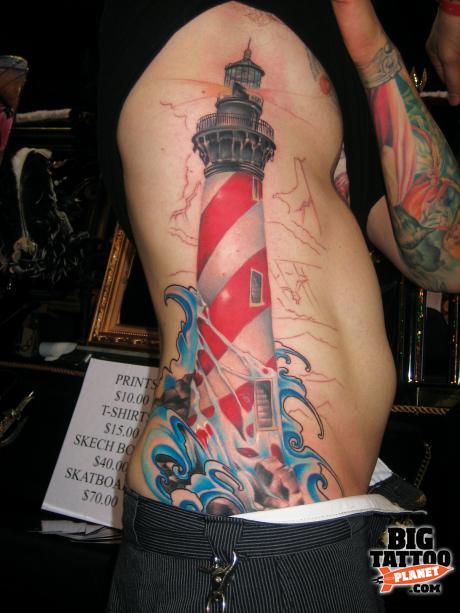 Neo Traditional Lighthouse Tattoo On Man Side Rib