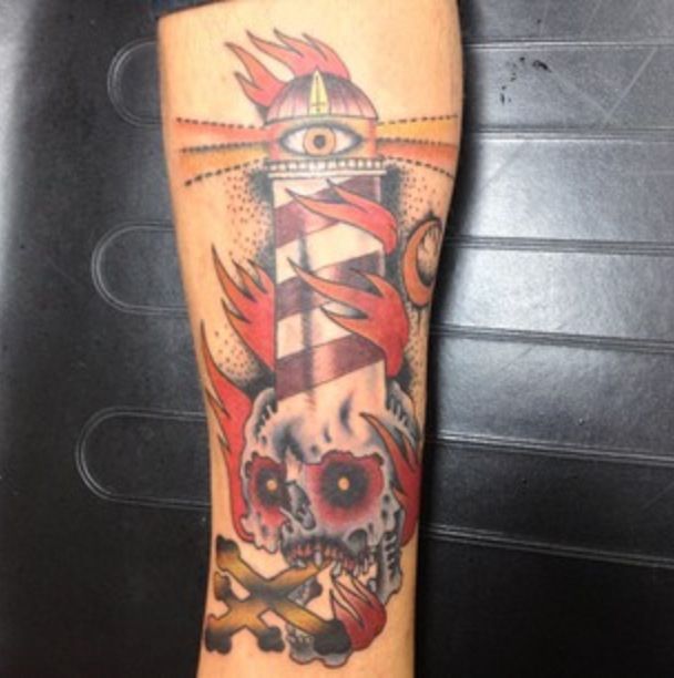One Eye Neo Traditional Lighthouse Tattoo On Leg
