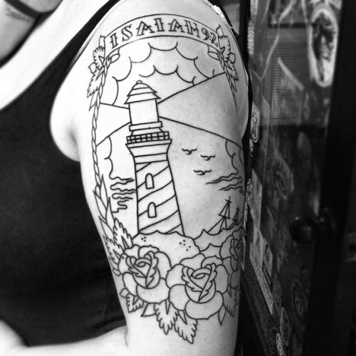 Outline Rose And Neo Traditional Lighthouse Tattoo On Left Half Sleeve