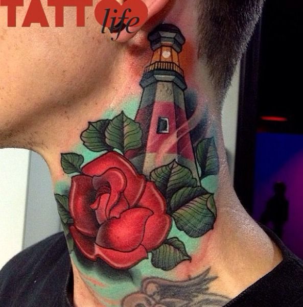Red Rose Neo Traditional Lighthouse Tattoo On Side Neck