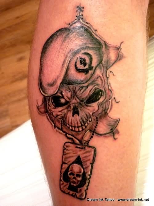 Ripped Skin Army Skull Tattoo Design For Leg