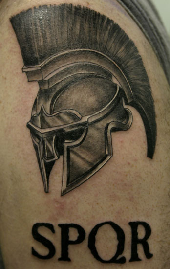 SPQR - Black 3D Warrior Helmet Tattoo Design For Shoulder