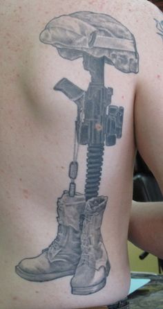 Simple Memorial Army Equipment Tattoo On Full Back