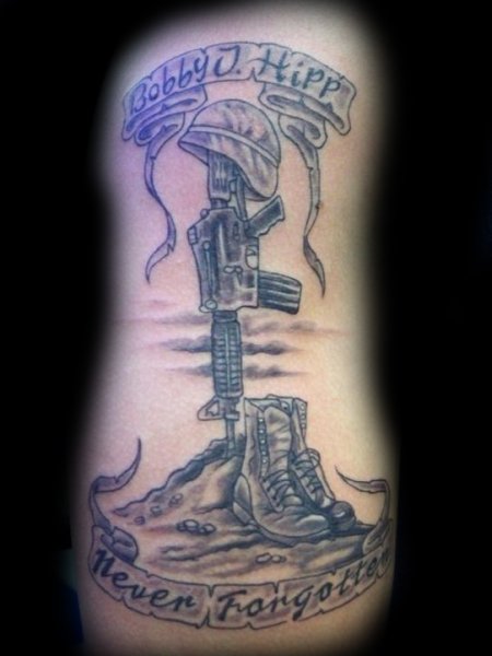 Simple Memorial Army Equipment With Banner Tattoo Design