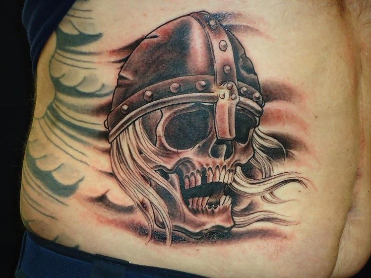 Skull Wearing Helmet Tattoo On Side Rib