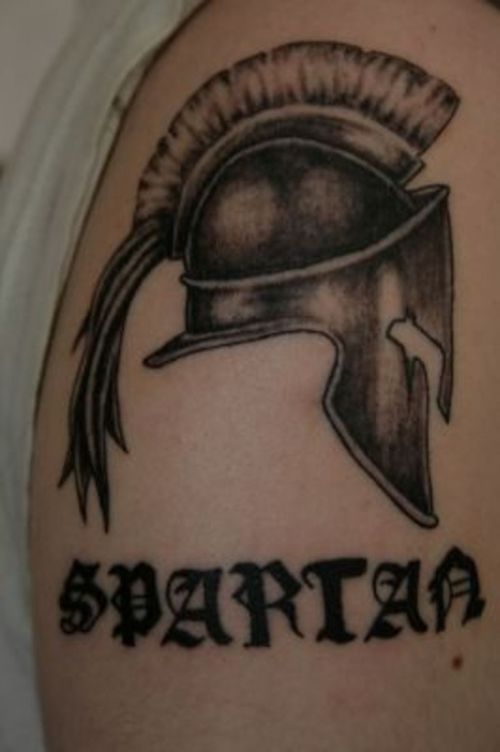 Spartan - Black Ink Spartan Helmet Tattoo Design For Shoulder