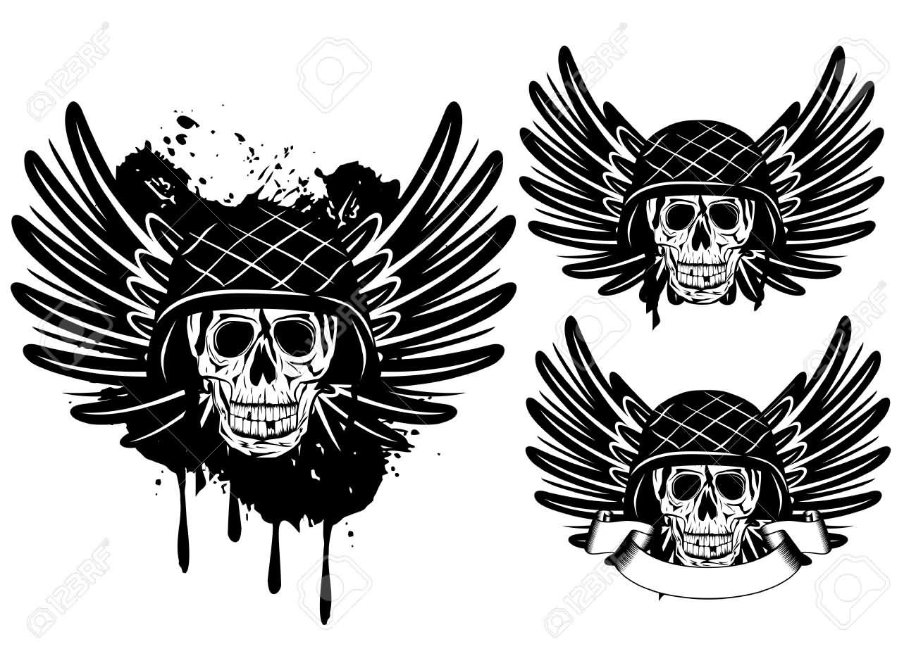 Three Army Skull With Wings Tattoo Design