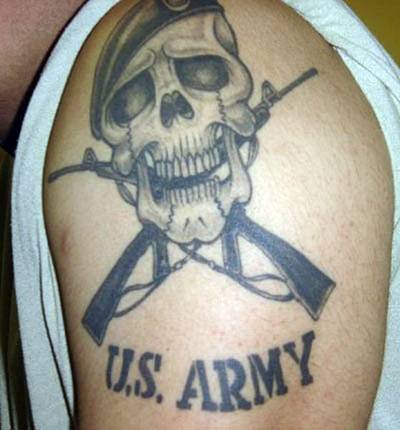 US Army - Army Soldier Skull With Two Crossing Guns Tattoo On Shoulder
