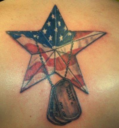 USA Army Flag In Nautical Star With Tags Tattoo Design