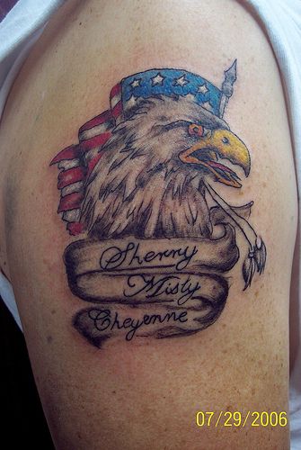 USA Eagle Head With Flag And Banner Tattoo Design For Shoulder