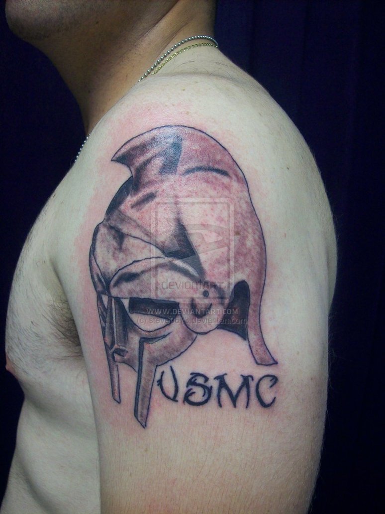 USMC - 3D Warrior Helmet Tattoo On Man Left Shoulder