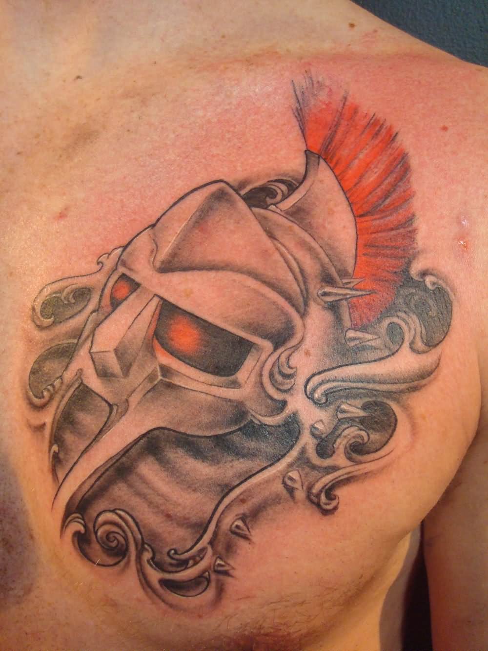 Unique Warrior Helmet Tattoo On Man Chest