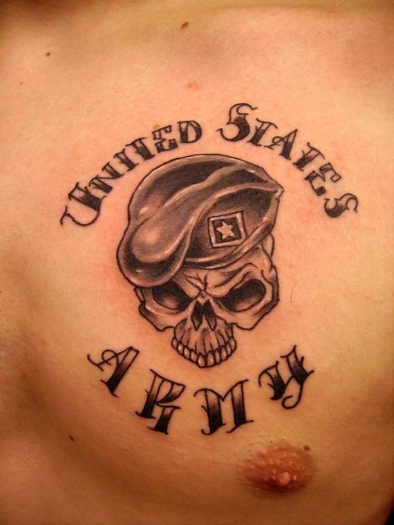 United States Army - Army Skull Tattoo On Man Chest