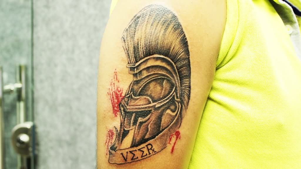 Warrior Helmet With Veer Banner Tattoo On Right Half Sleeve