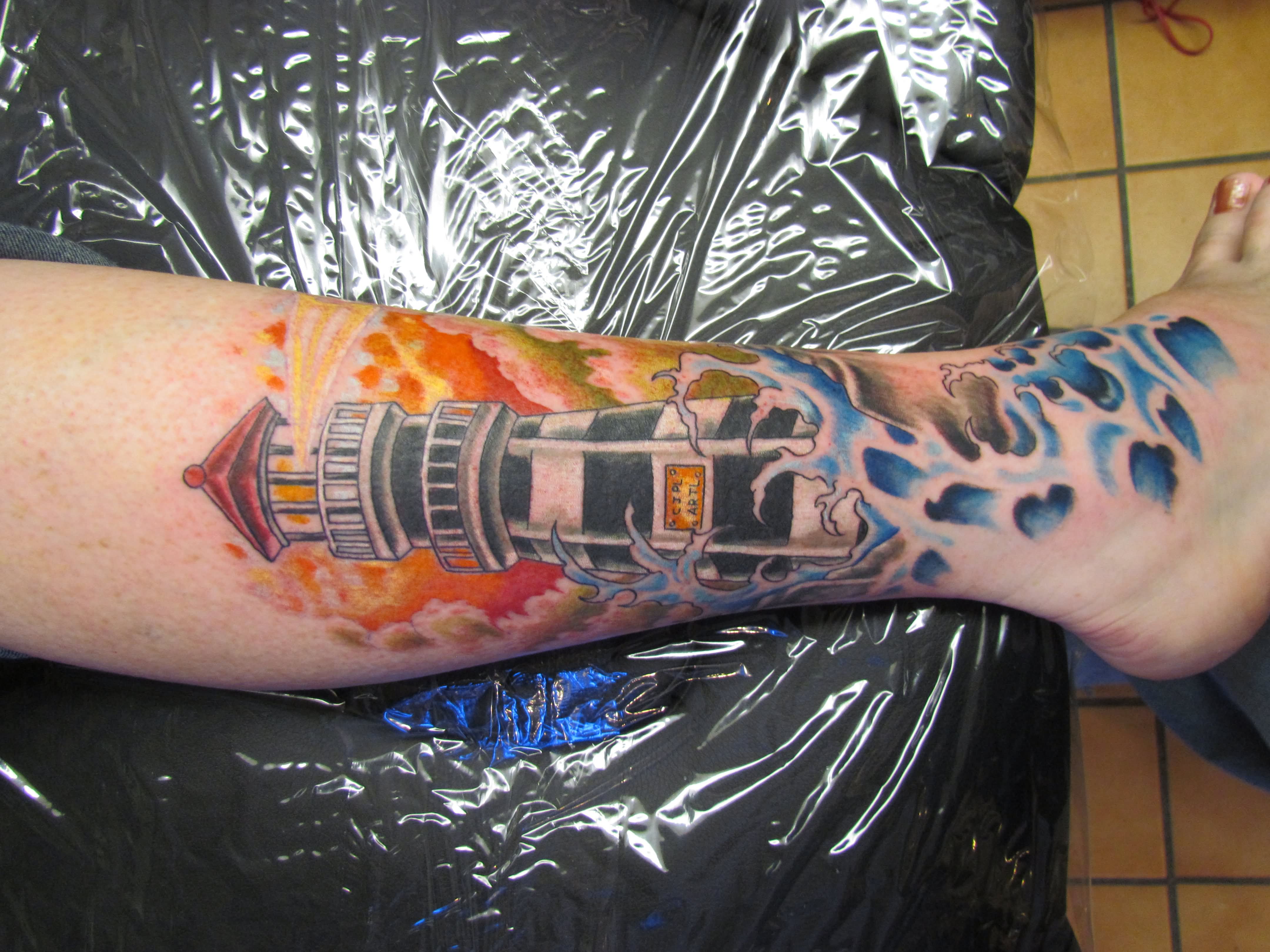 Water Waves And Neo Traditional Lighthouse Tattoo On Leg